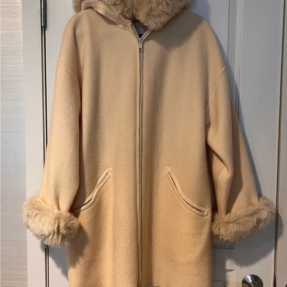 Women's Cream Hooded Coat with Faux Fur Trim